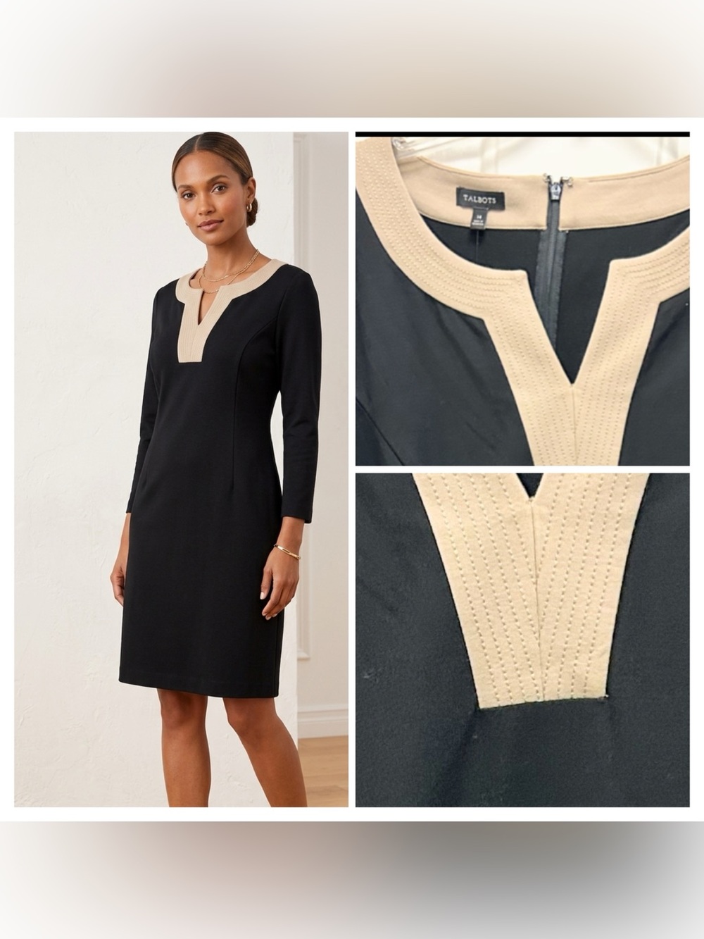 Talbots Black Shift Dress with Beige Trim